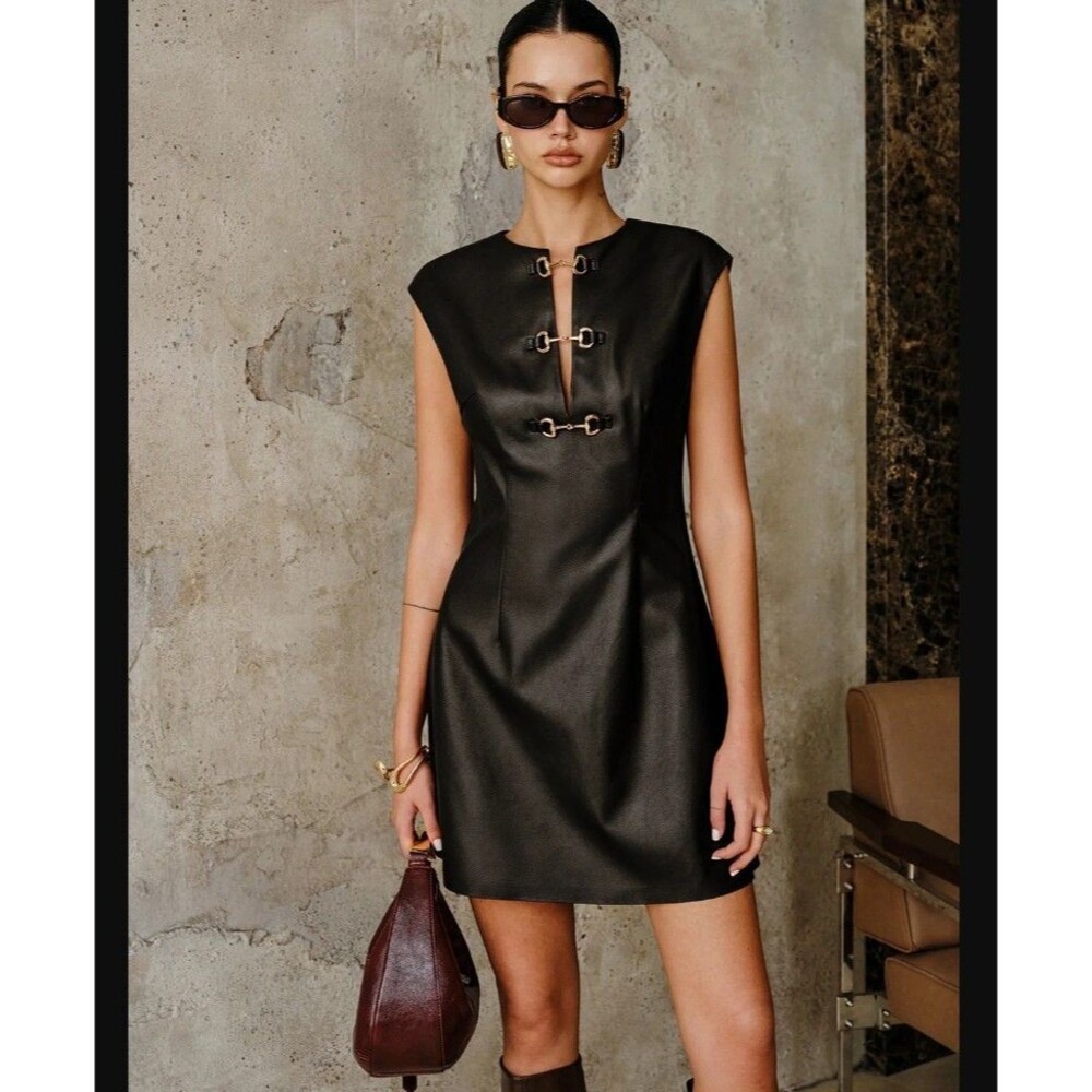 NWT COMMENSE Faux Leather Buckle Mini Dress Sleeveless V Neck Party Club Black M